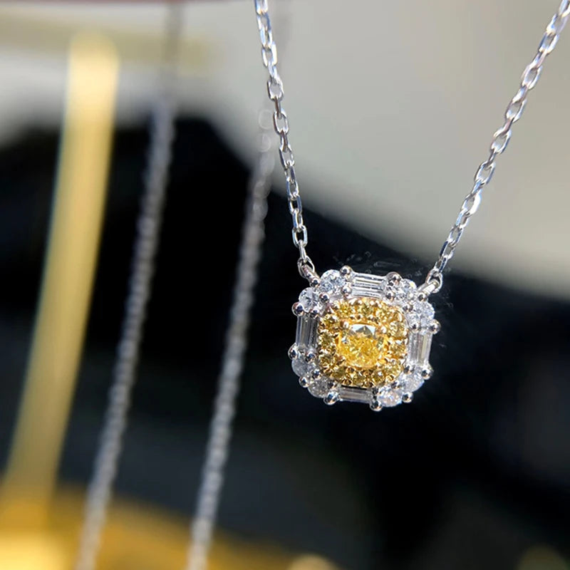 18K White Gold Real Natural Yellow Diamond Pendant Necklace