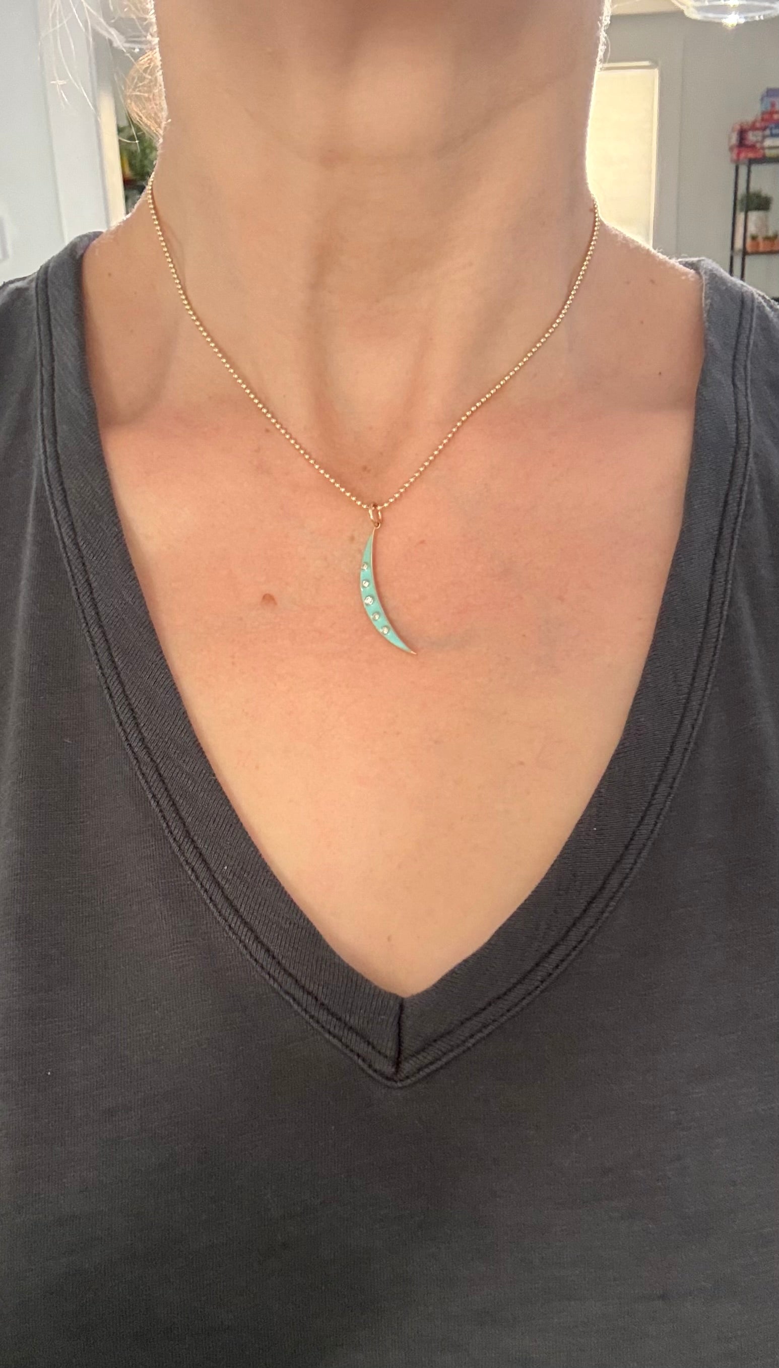 Yellow gold natural diamond and enamel crescent pendants