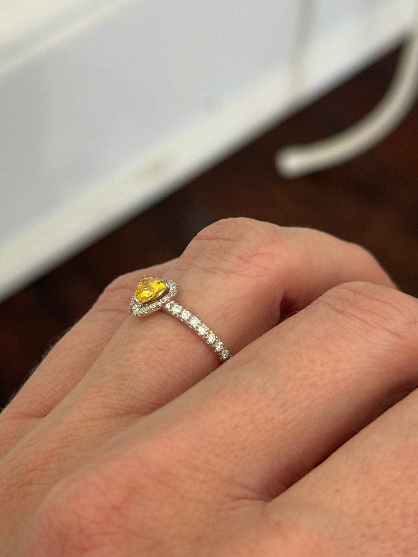 White gold heart shape yellow lab diamond and white lab diamond ring