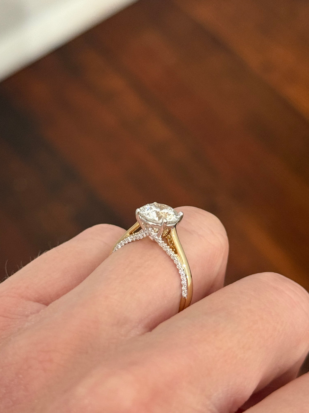 Yellow gold lab diamond ring. Lab diamonds are set in white gold.