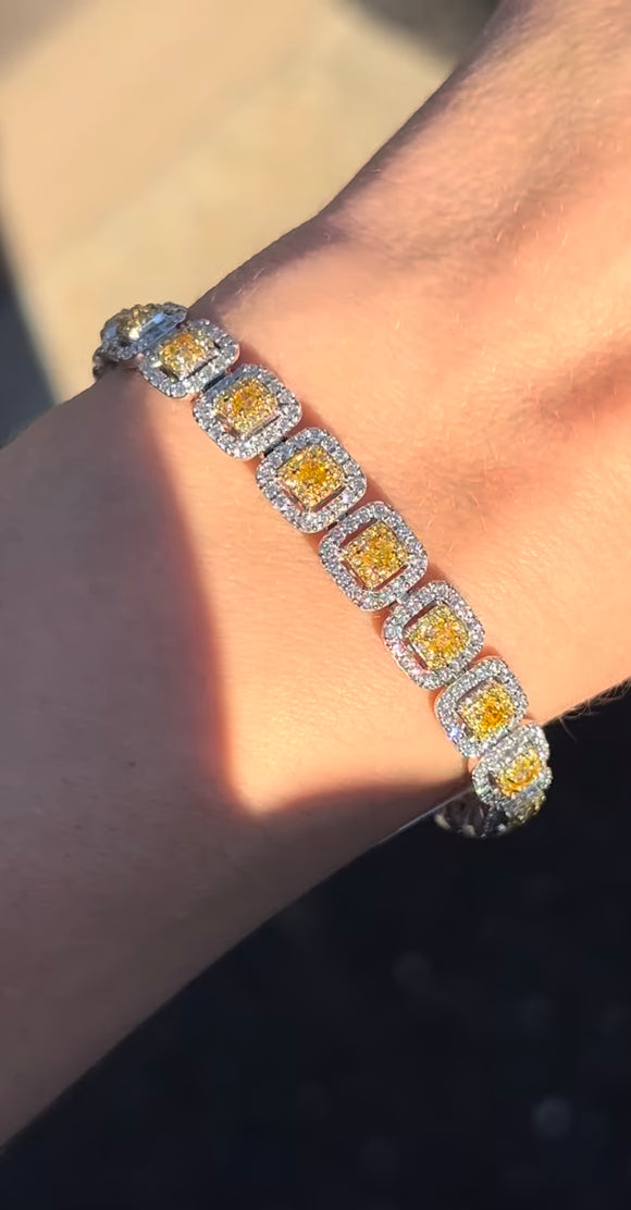 Natural White gold cushion cut yellow diamond and round yellow and white diamond bracelet