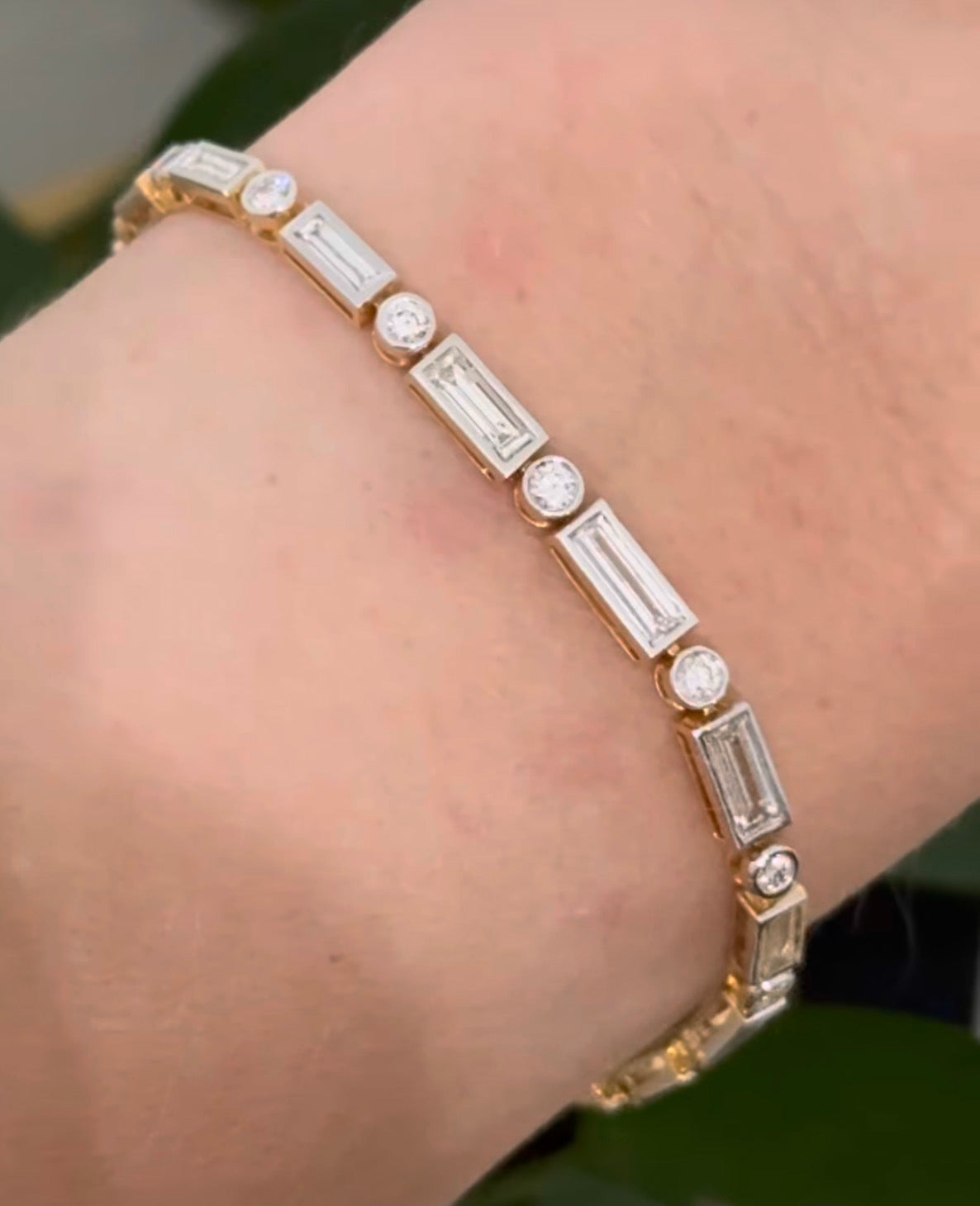 Yellow gold with white gold bezel setting 3.84ct baguette and round natural diamond bracelet