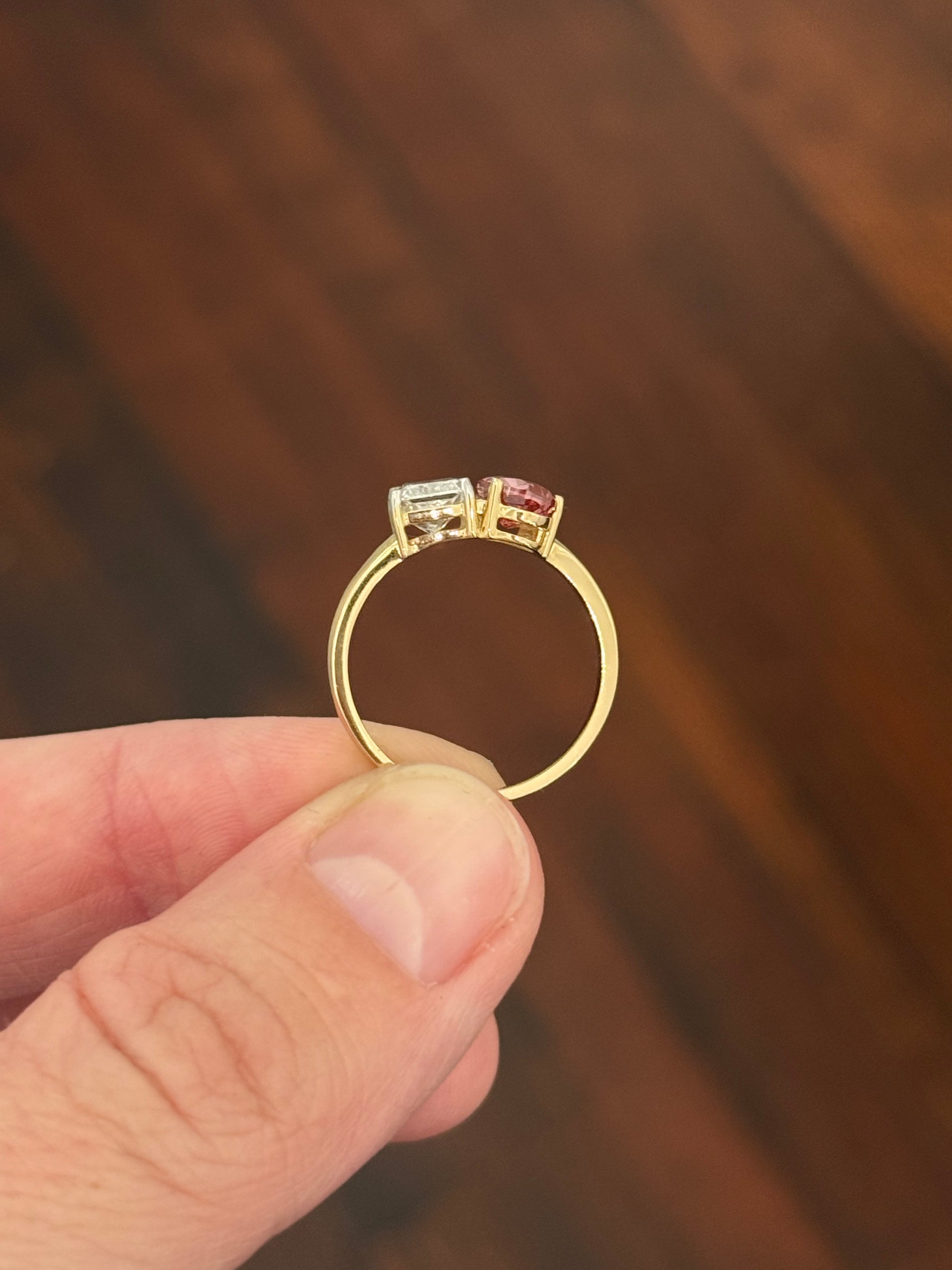 Yellow gold pear shape pink lab diamond and radiant white lab diamond ring