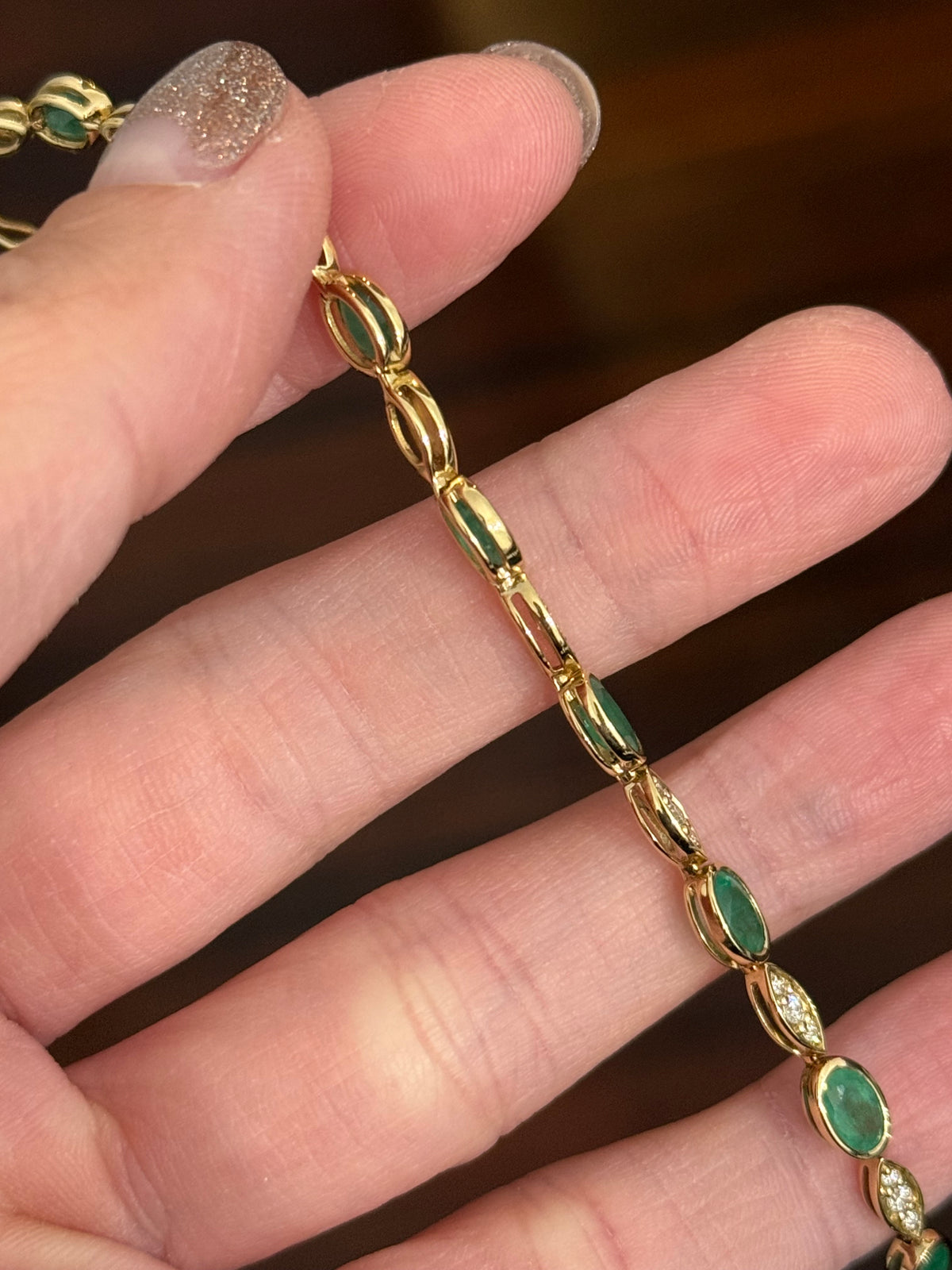 Yellow gold natural emerald and diamond bracelet