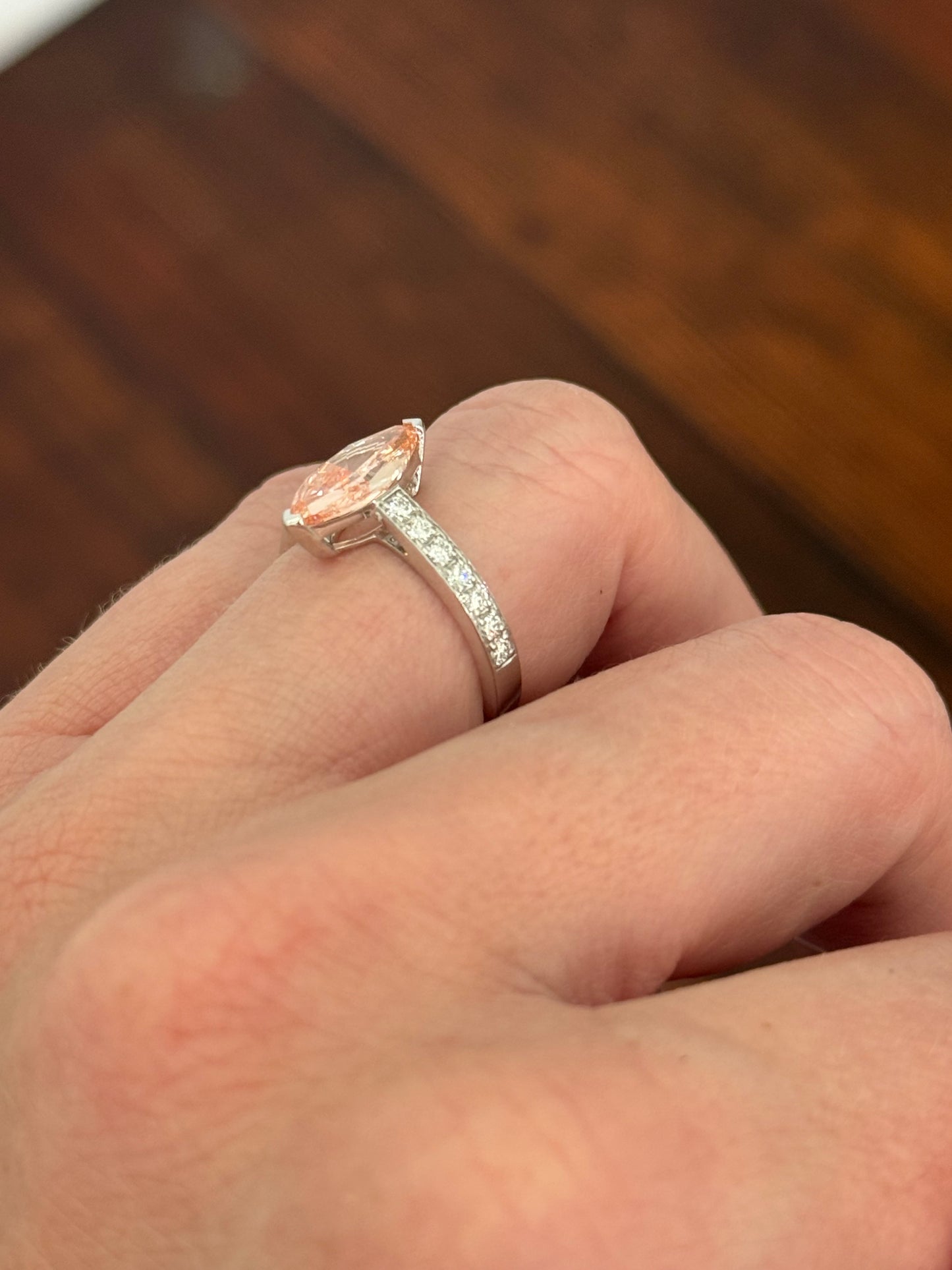 White gold marquise pink lab diamond and round white lab diamond ring