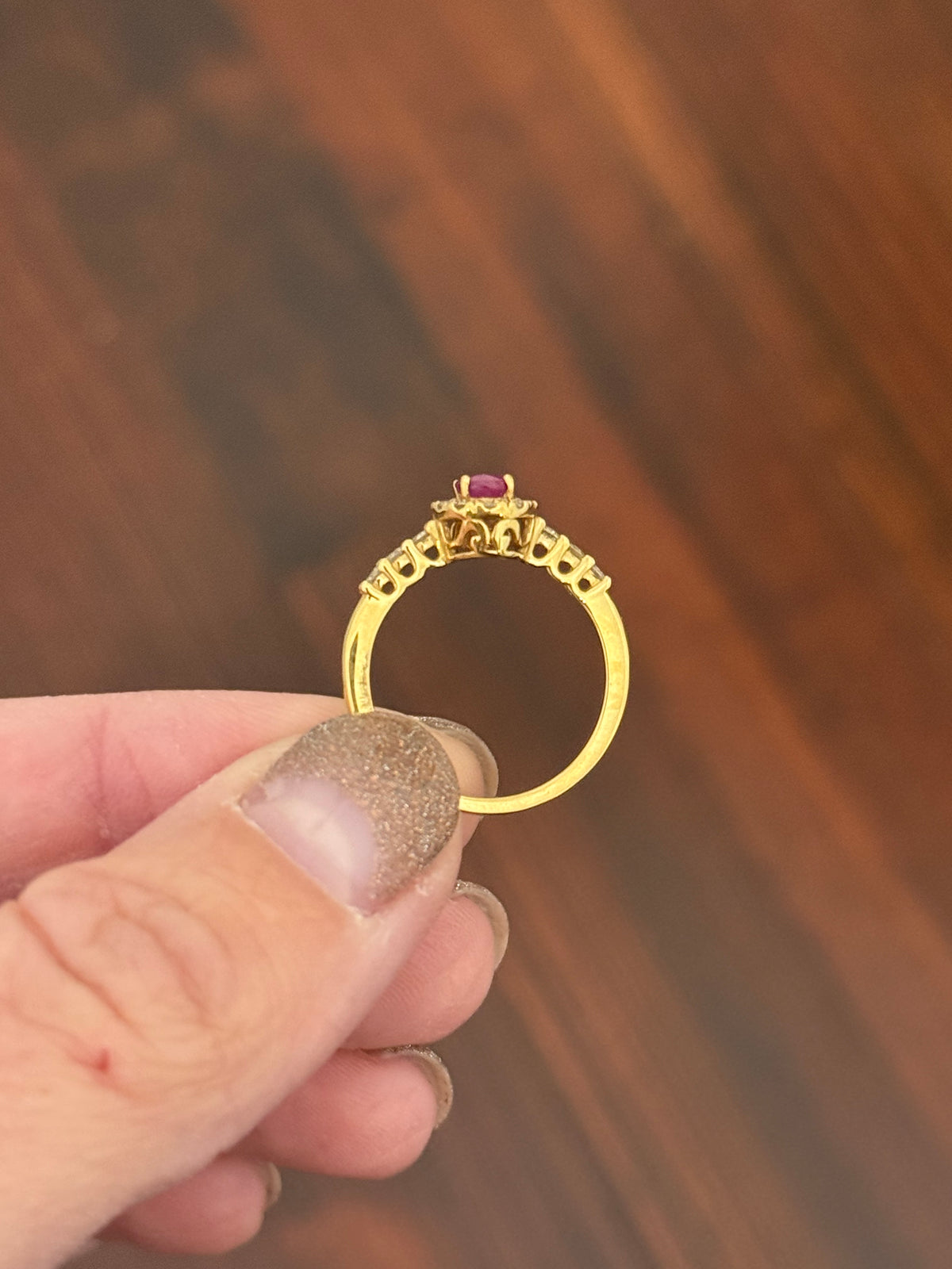 Yellow gold natural ruby and diamond ring