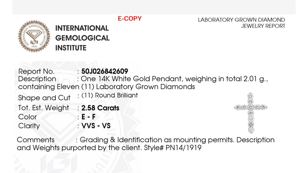 IGI certified white gold 2.58ct lab diamond cross pendant