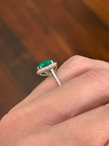White gold heart shaped lab emerald and round lab diamond ring. Center stone is 2.32cts