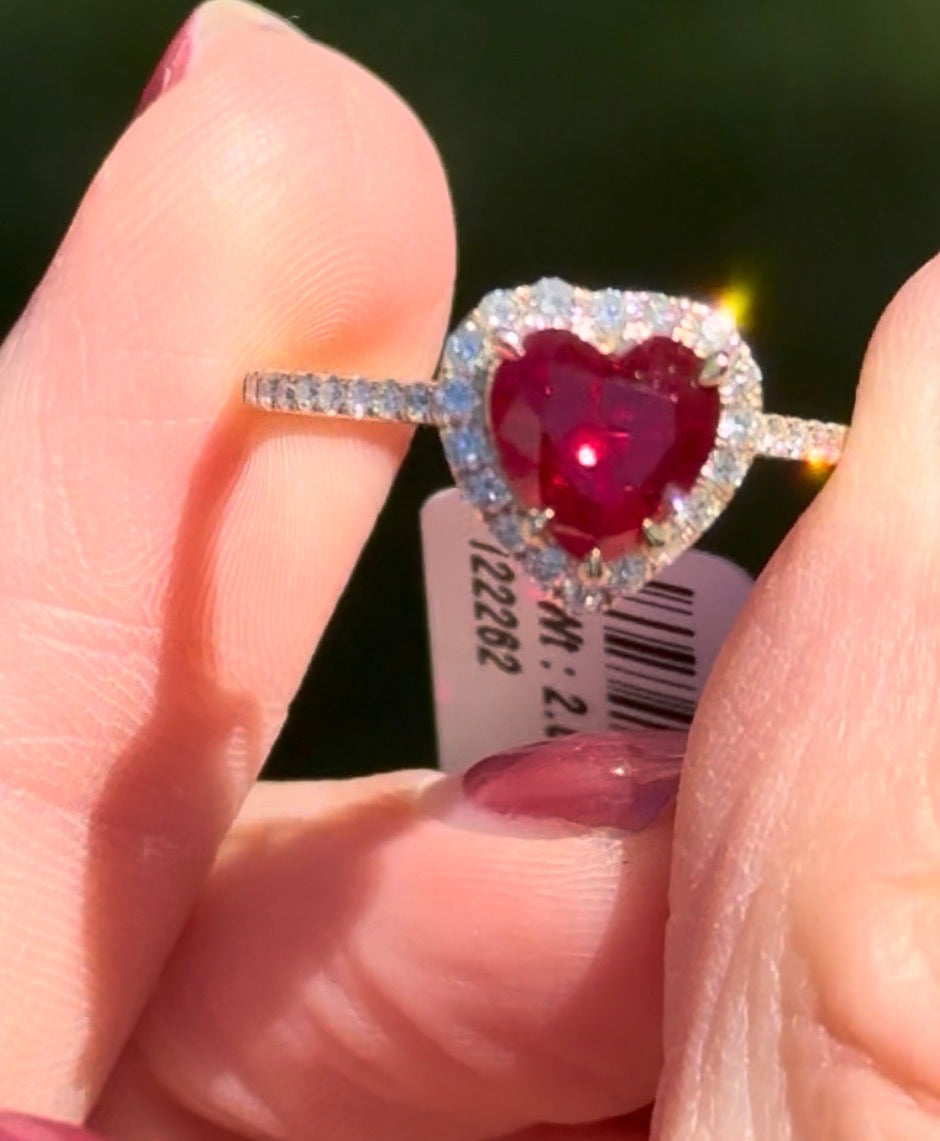 Yellow gold heart shape lab ruby and round lab diamond ring