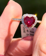 Yellow gold heart shape lab ruby and round lab diamond ring