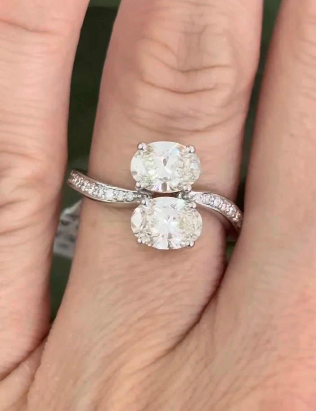 White gold oval and round lab diamond ring. Ovals are approximately 1ct each and 7.6x5mm