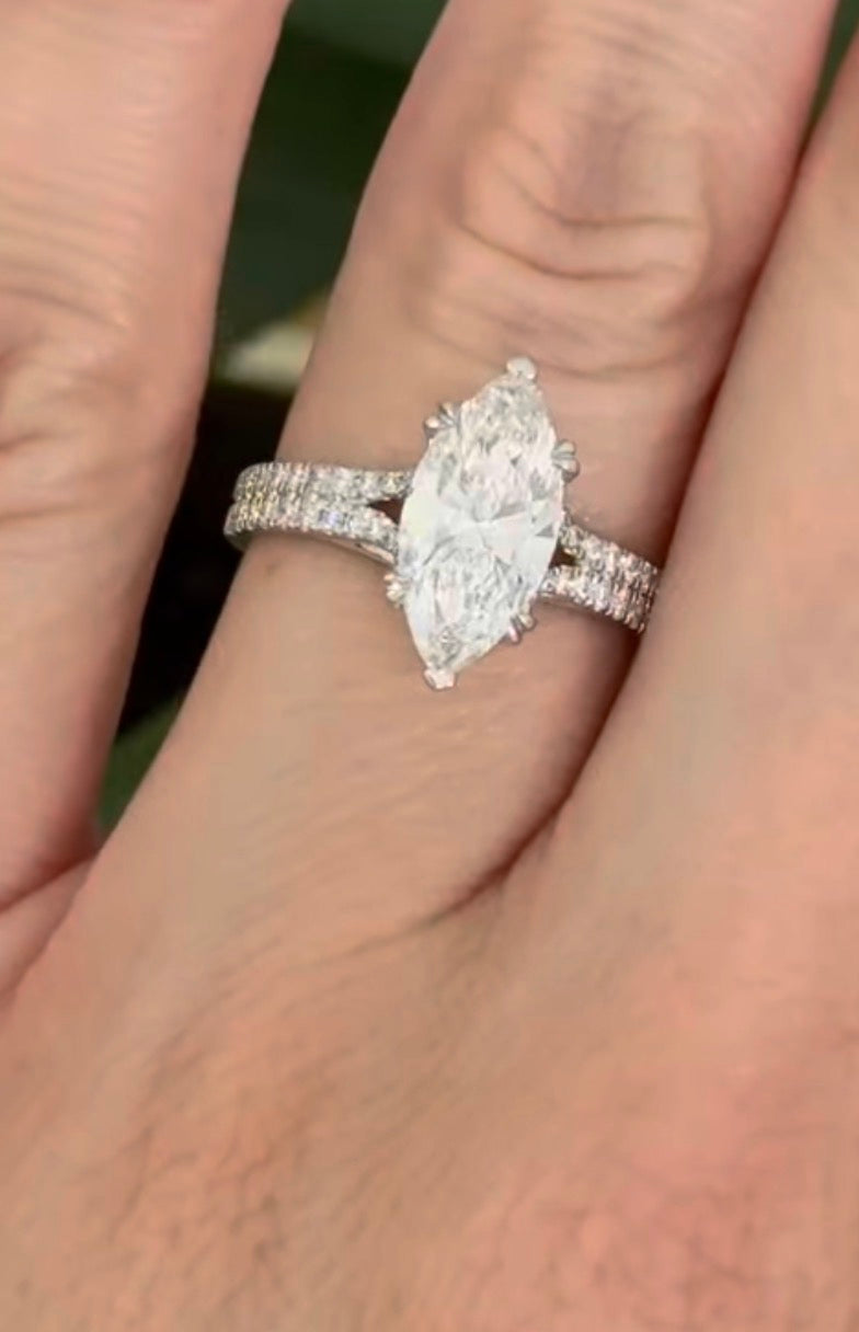 White gold marquise and round lab diamond ring