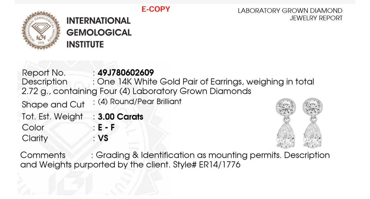 IGI certified 3ct pear and round lab diamond earrings