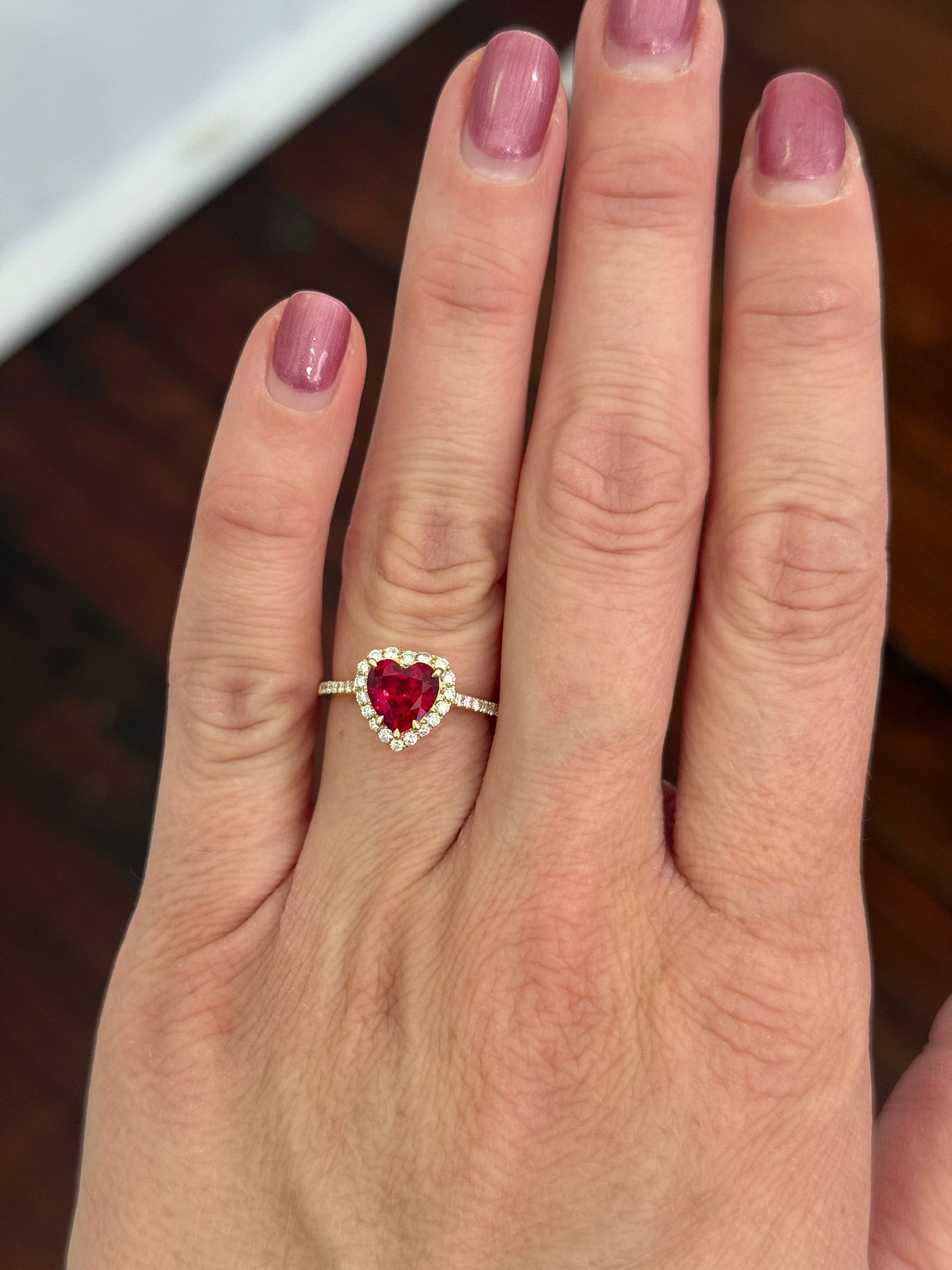 Yellow gold heart shape lab ruby and round lab diamond ring