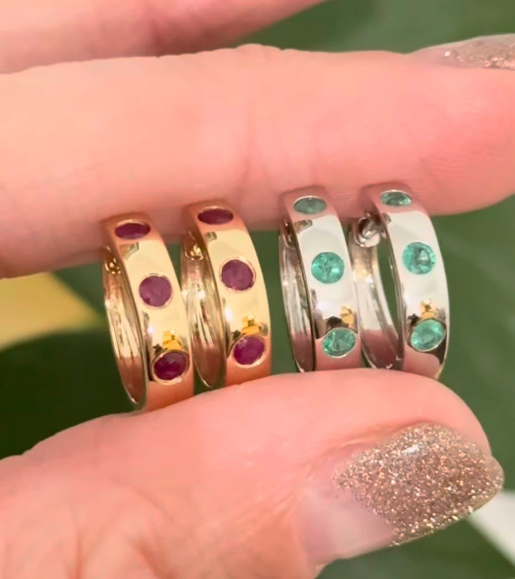 14.3mm hoop earrings available in yellow gold with rubies and white gold with emeralds