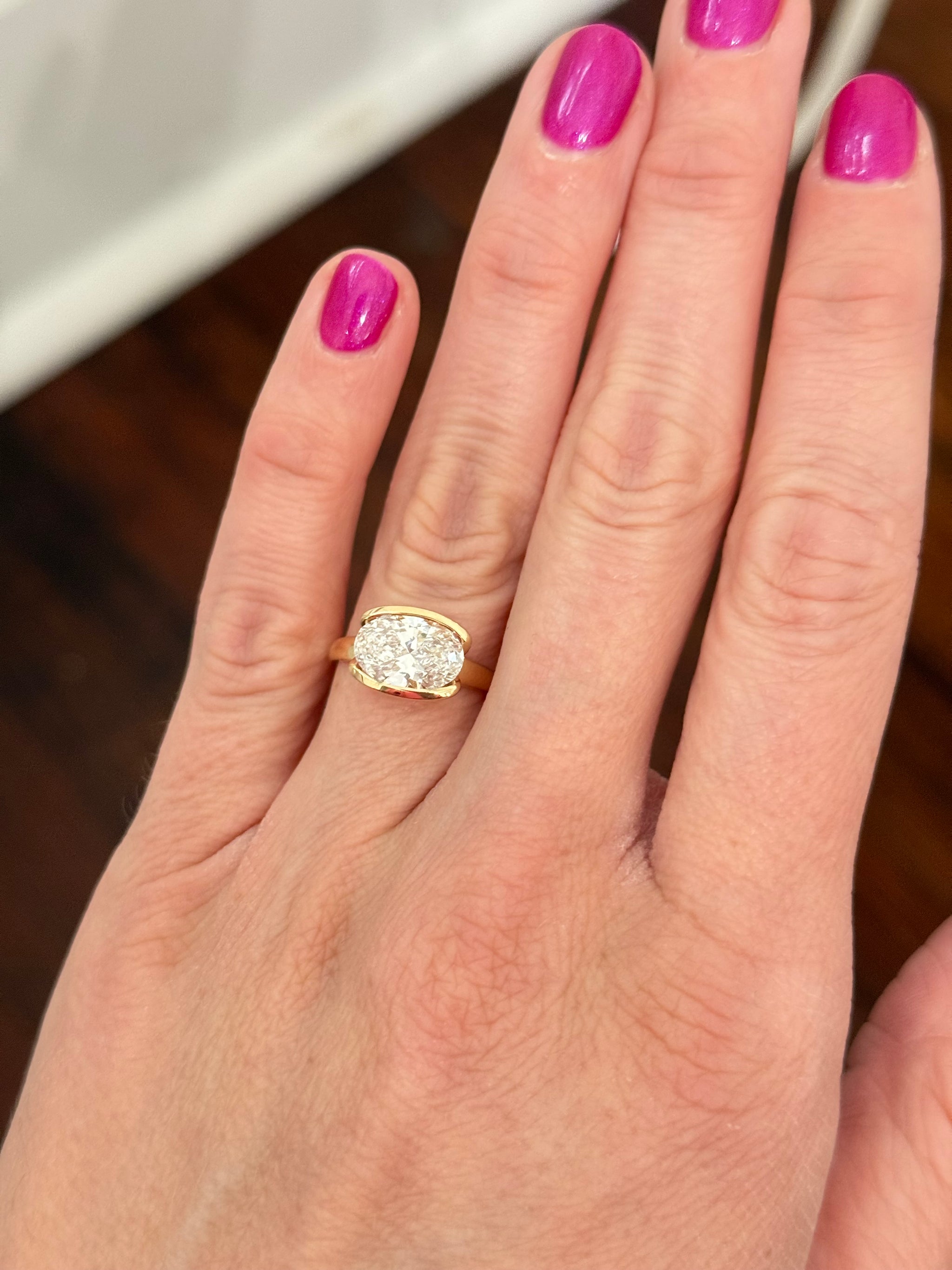 Yellow gold east west set 2.5ct oval lab diamond ring