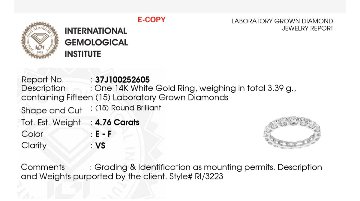 IGI certified 4.76ct lab diamond eternity band