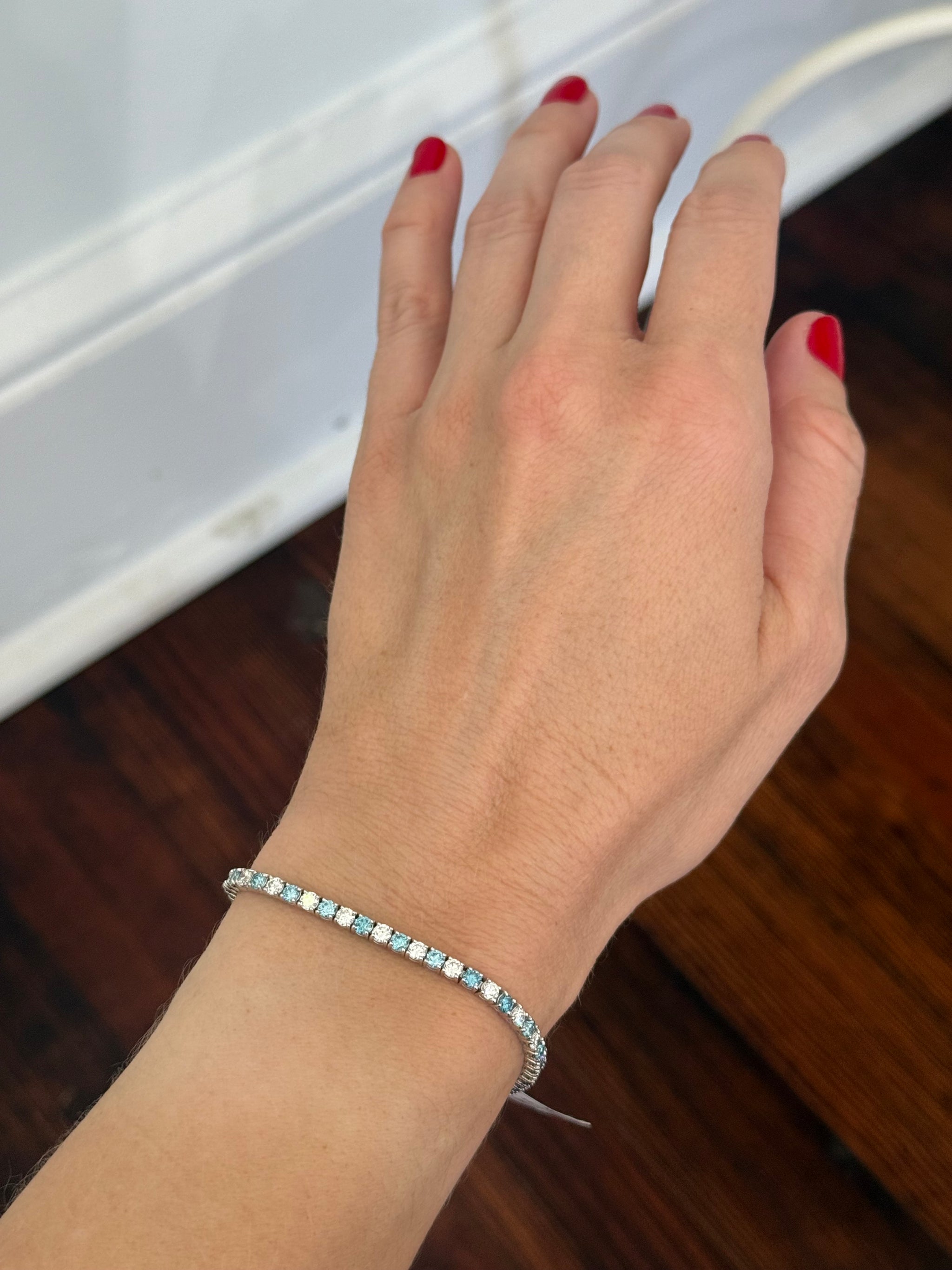 4 prong white gold 4.9ct blue and white lab diamond tennis bracelet