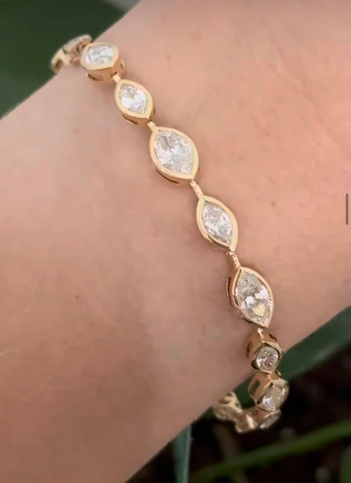 Yellow gold bezel set 7.2ct marquise natural diamond bracelet