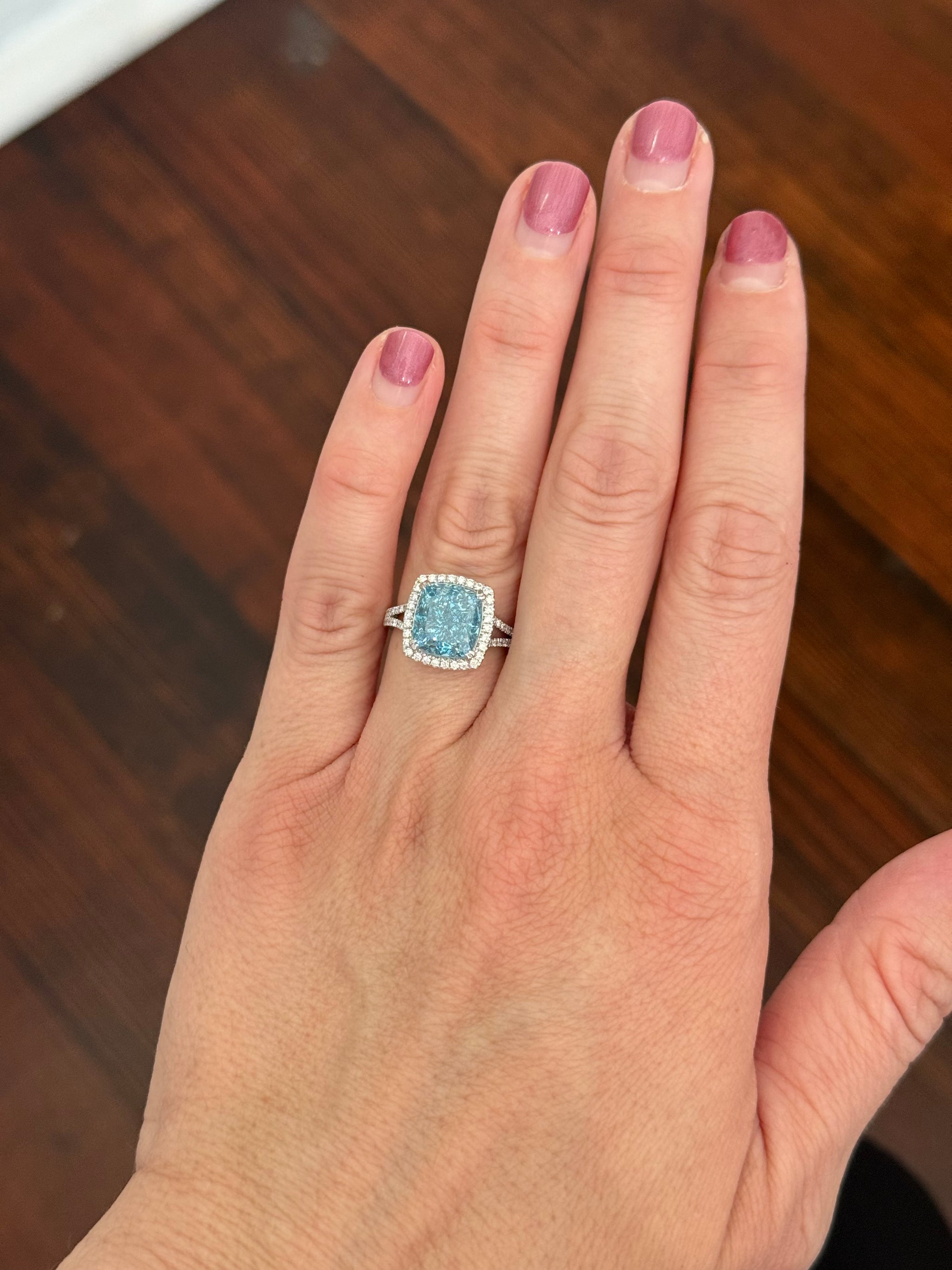 White gold cushion cut blue lab diamond and white lab diamond ring