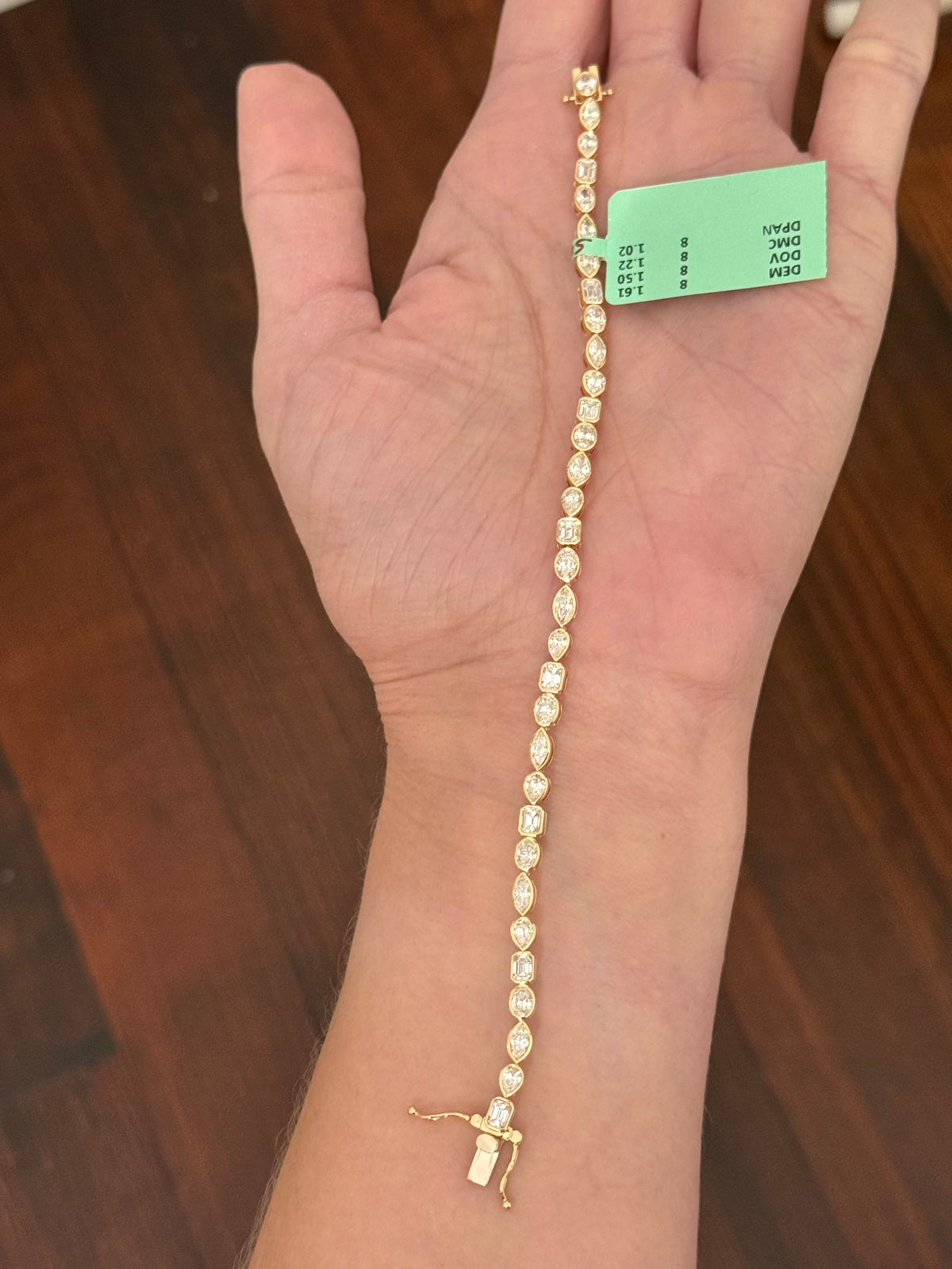 Yellow gold bezel set 5.35ct oval, marquise, pear shape and emerald cut natural diamond bracelet