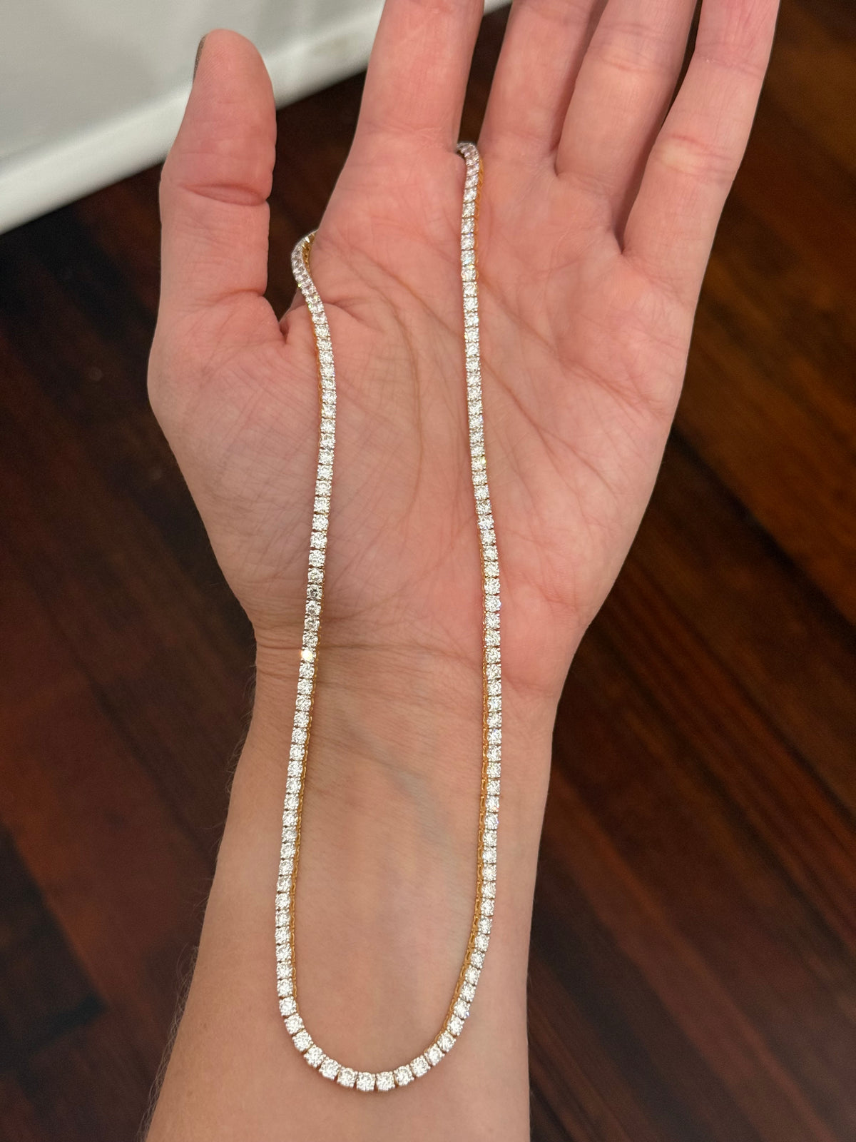 16.5” 4 prong yellow gold with white gold prongs 12.27ct lab diamond tennis necklace
