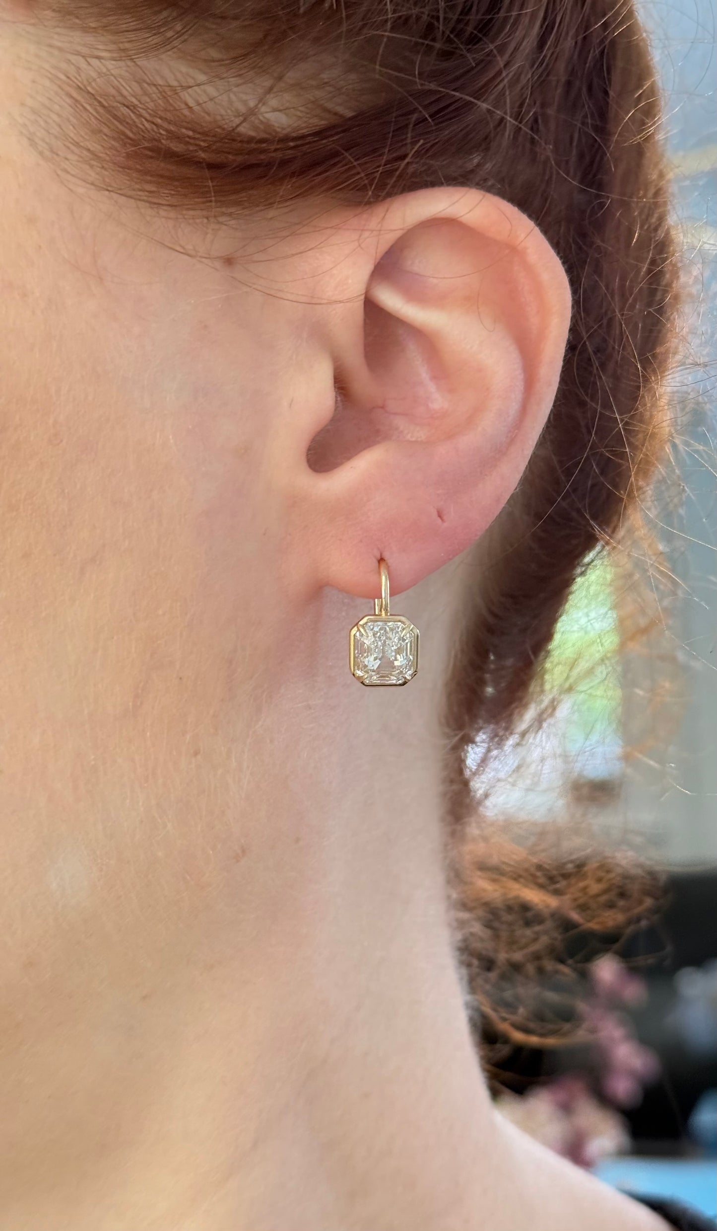 Yellow gold antique emerald cut lab diamond hook earrings
