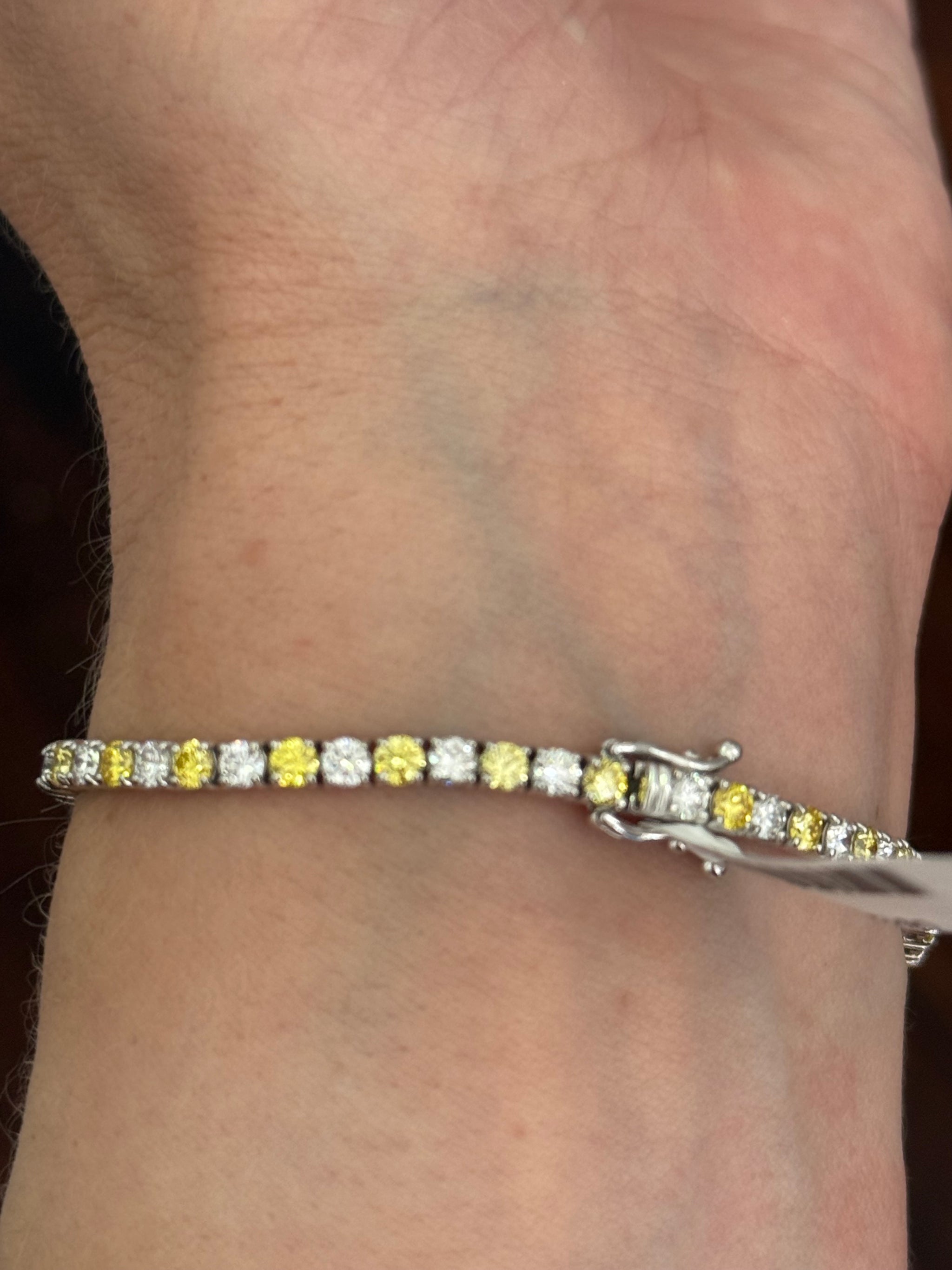 4 prong white gold 5.05ct yellow and white lab diamond tennis bracelet