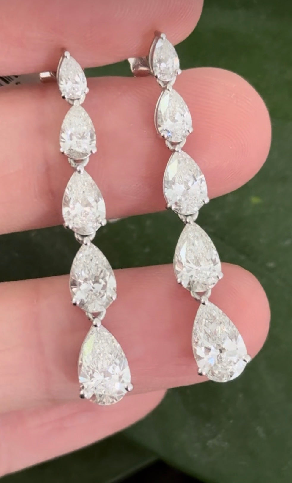White gold 5.18ct graduated pear shaped lab diamond earrings