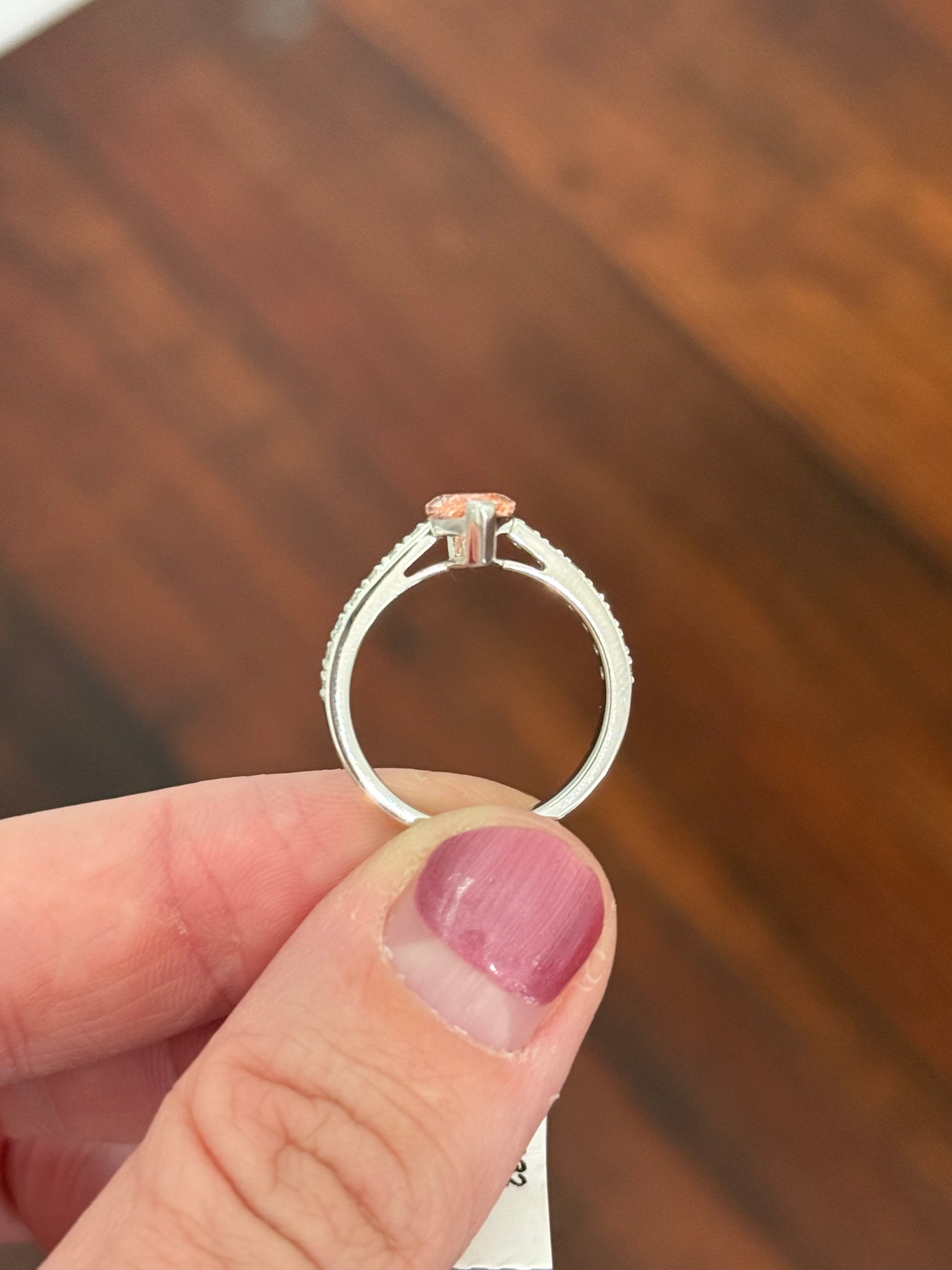 White gold marquise pink lab diamond and round white lab diamond ring