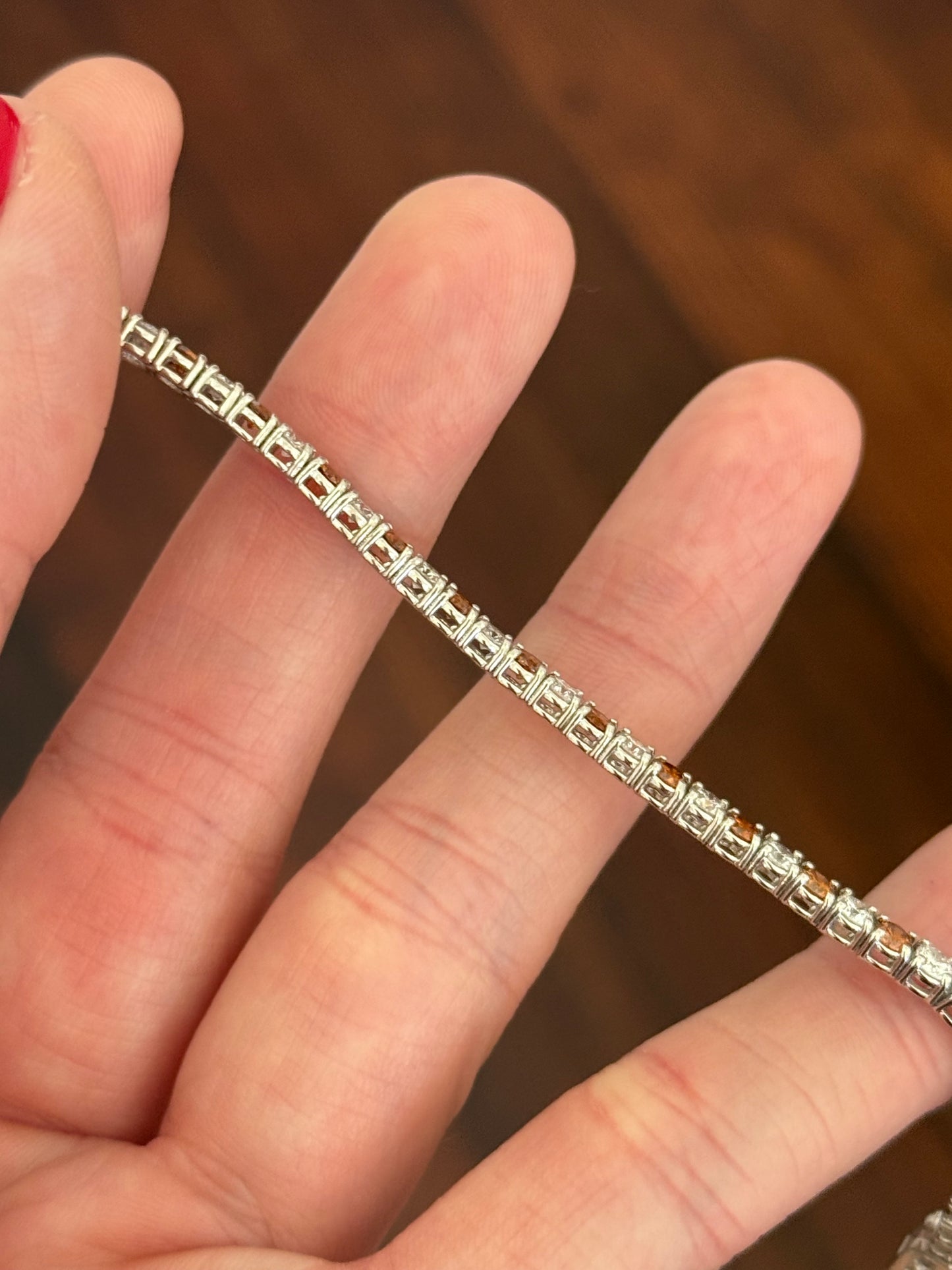 4 prong white gold 4.99ct orange and white lab diamond tennis bracelet