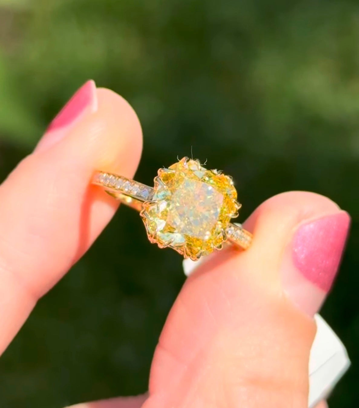 Yellow gold cushion cut yellow lab diamond and white lab diamond ring