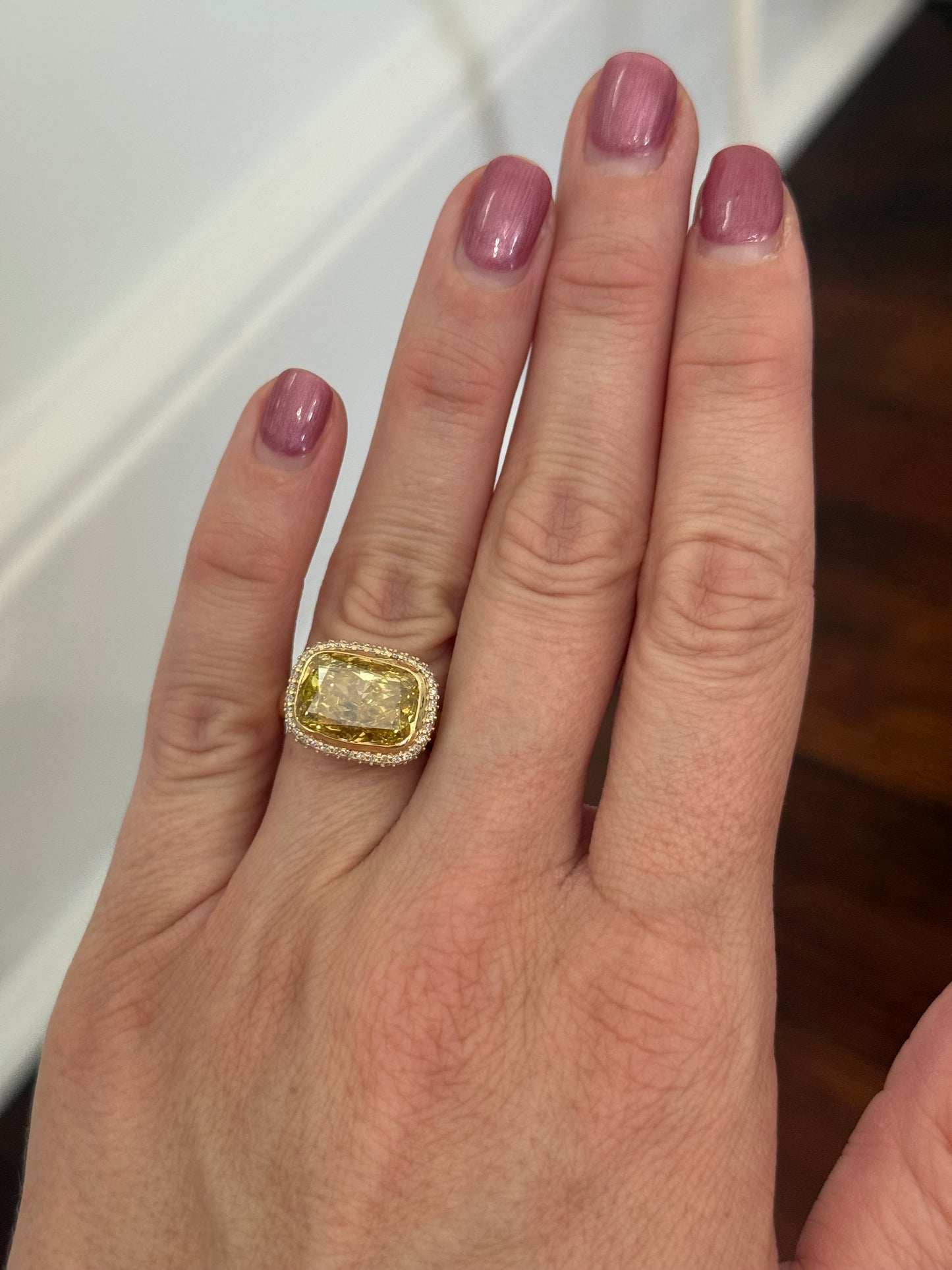 Yellow gold east west set cushion cut yellow lab diamond and white lab diamond and lab ruby ring
