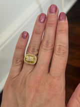 Yellow gold east west set cushion cut yellow lab diamond and white lab diamond and lab ruby ring