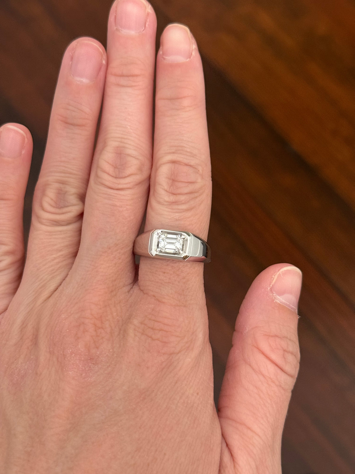 Men’s white gold 1ct emerald cut lab diamond ring
