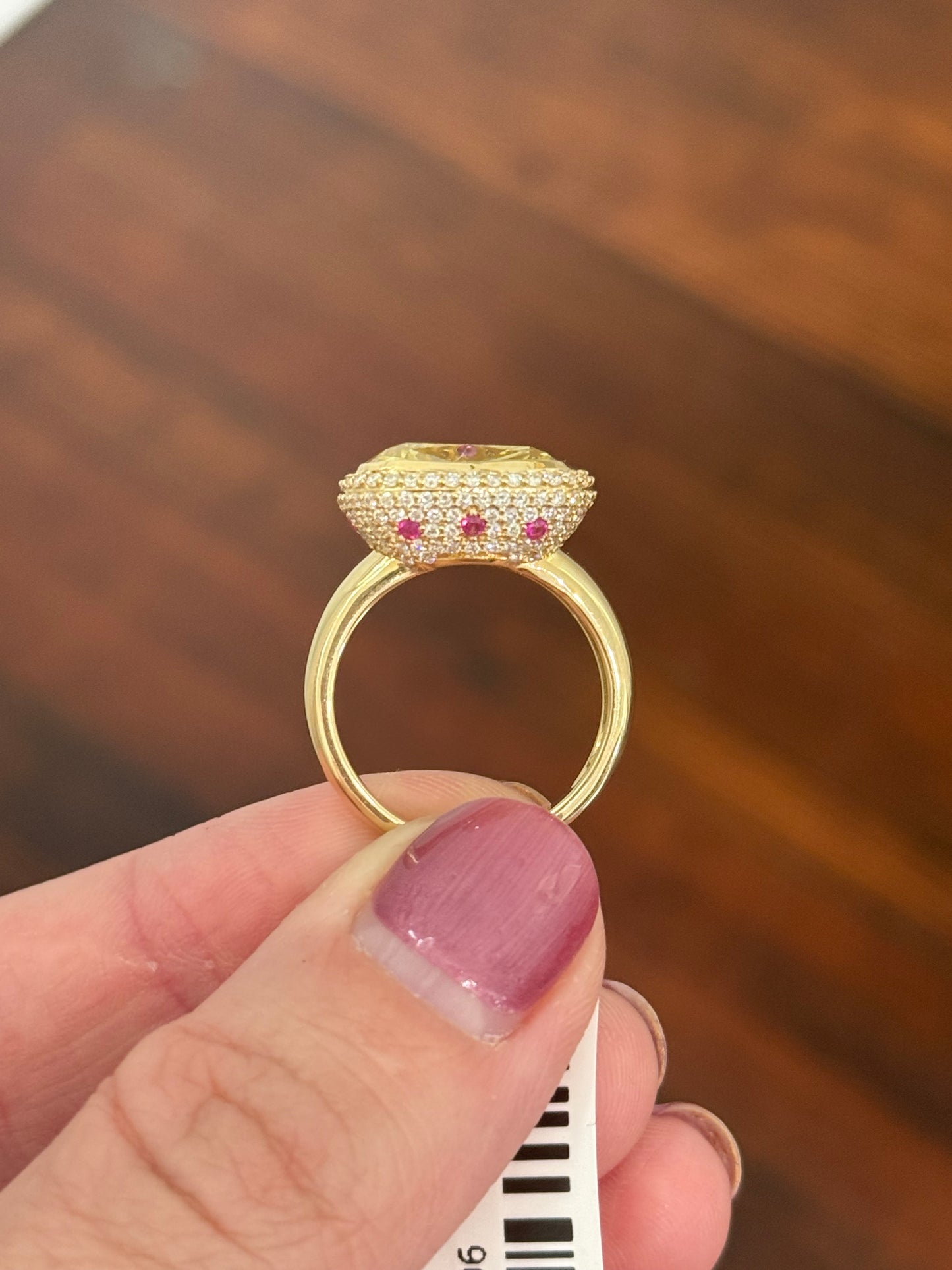 Yellow gold east west set cushion cut yellow lab diamond and white lab diamond and lab ruby ring