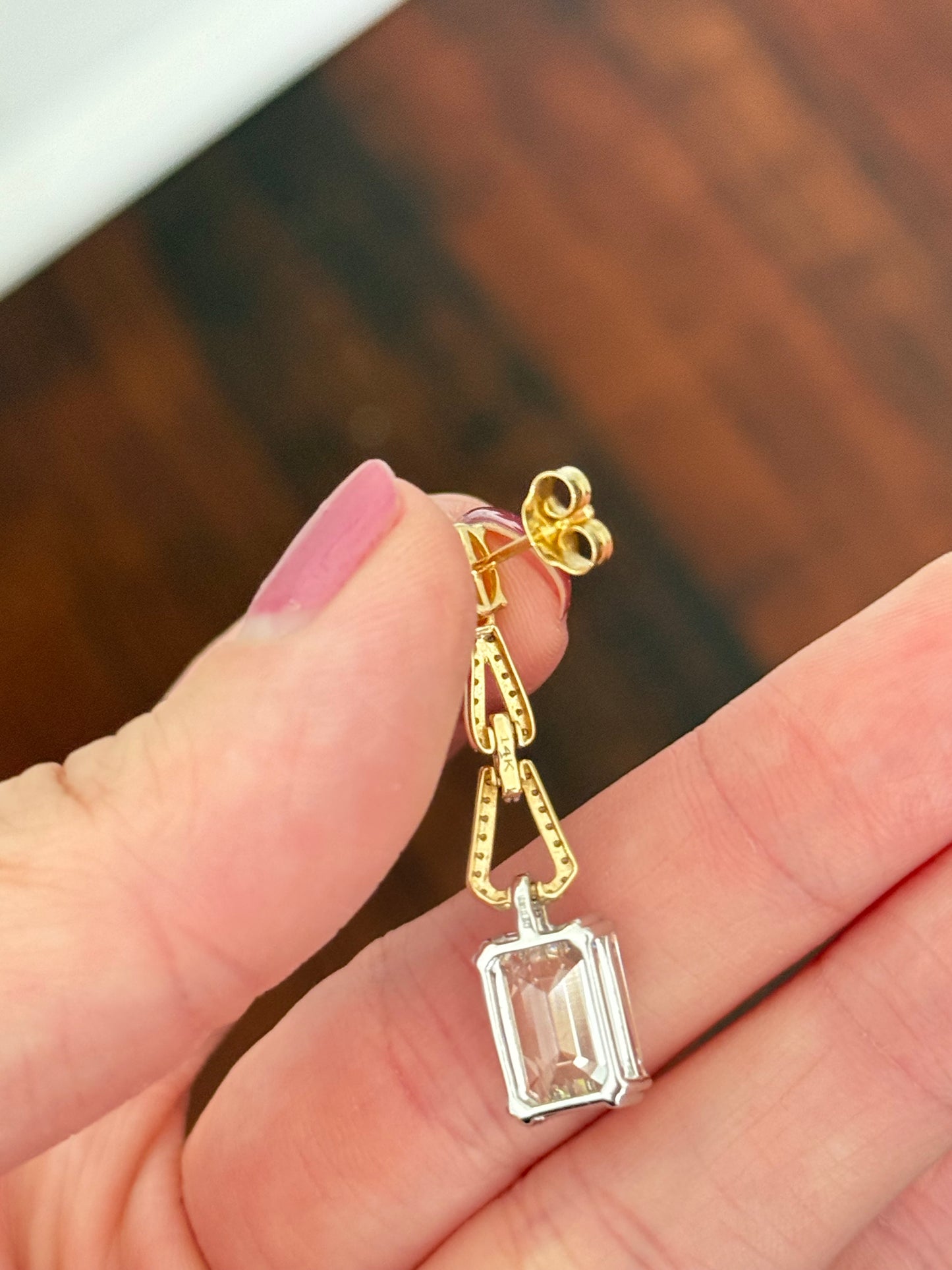 White and yellow gold oval yellow lab diamond and emerald cut and round white lab diamond dangle earrings