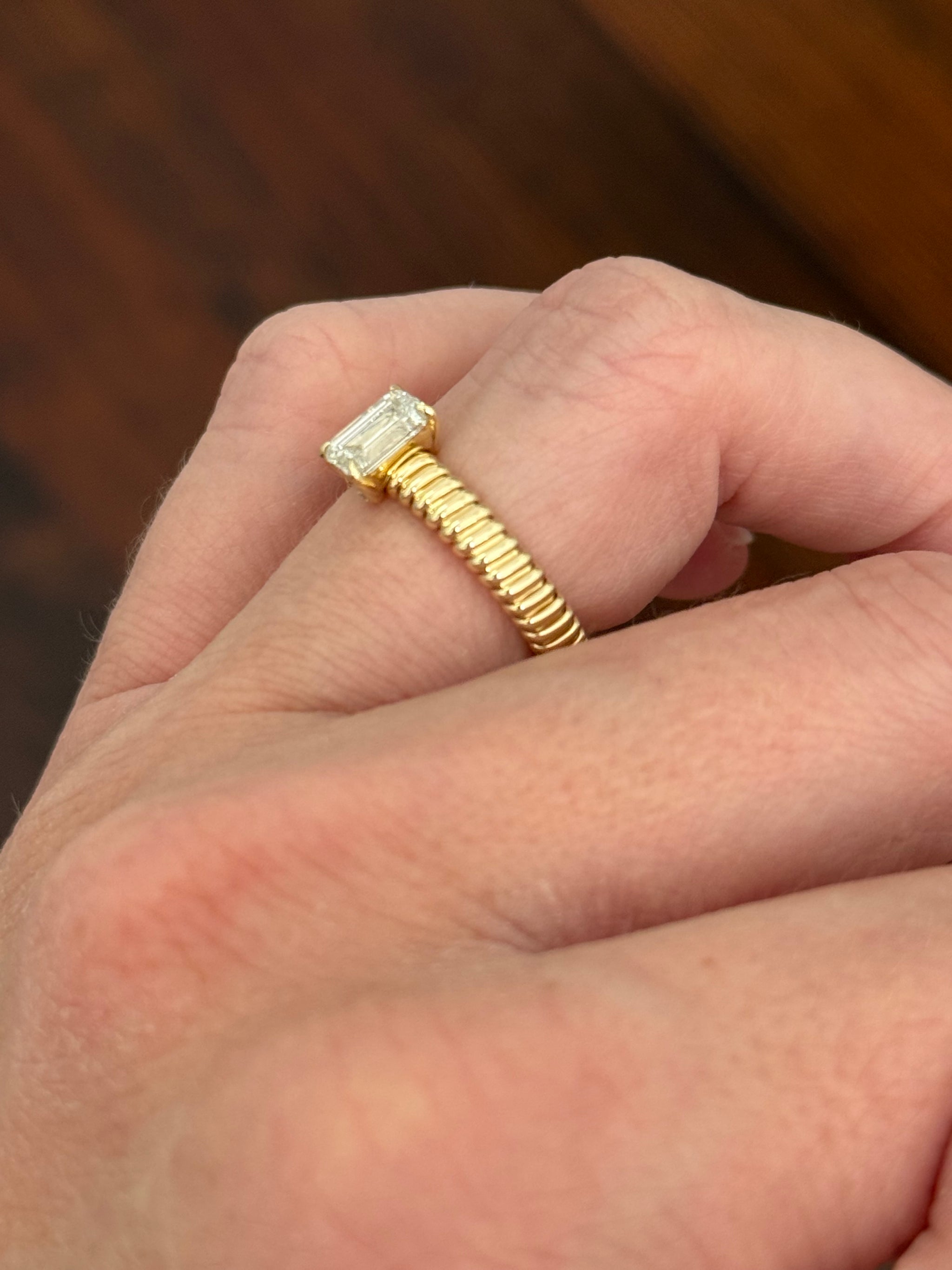 Yellow gold 1.05ct emerald cut lab diamond flex ring
