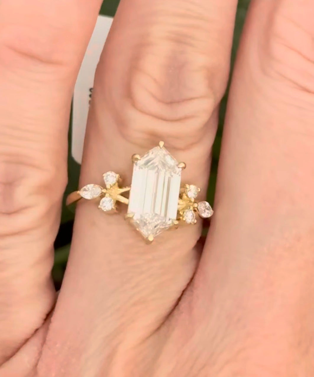 Yellow gold IGI certified 2.69ct step cut duchess cut lab diamond and marquise and round lab diamond ring. Duchess cut measures 12.69x6.28x4.05mm