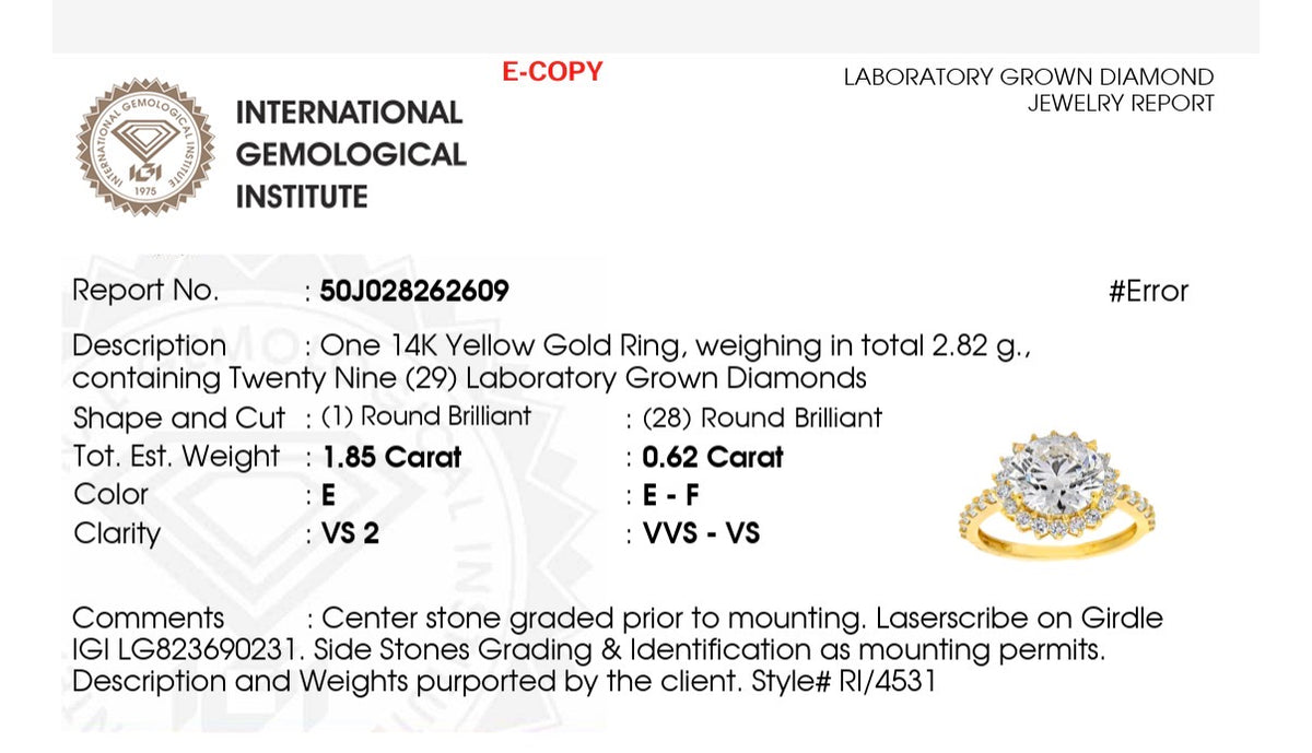 IGI certified yellow gold round lab diamond ring. Center stone is 1.85cts and 7.4mm