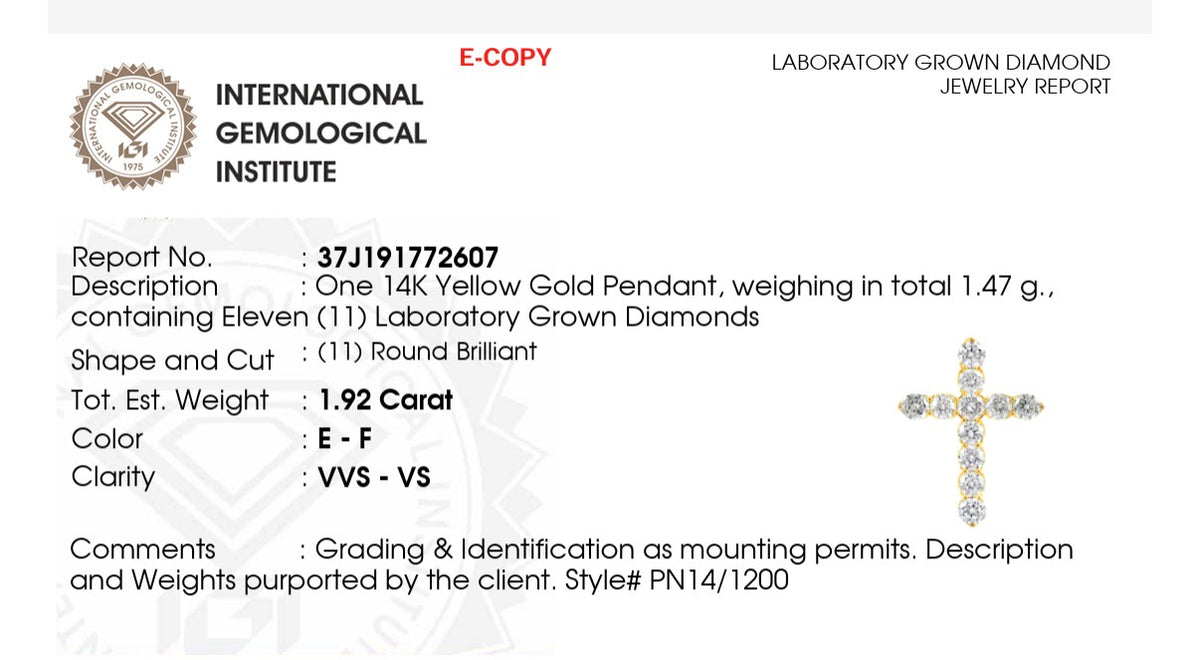 IGI certified yellow gold 1.92ct lab diamond cross pendant