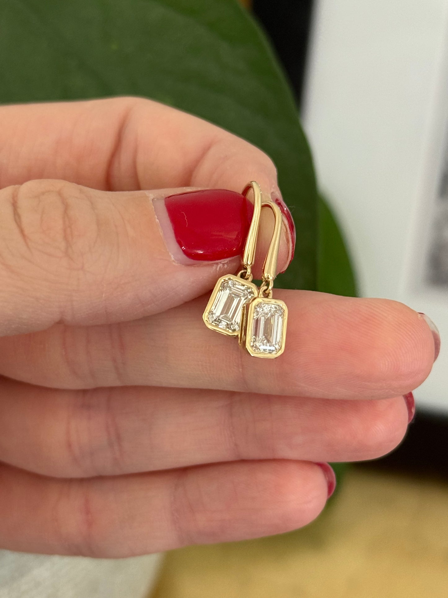 Yellow gold emerald cut lab diamond hook back earrings
