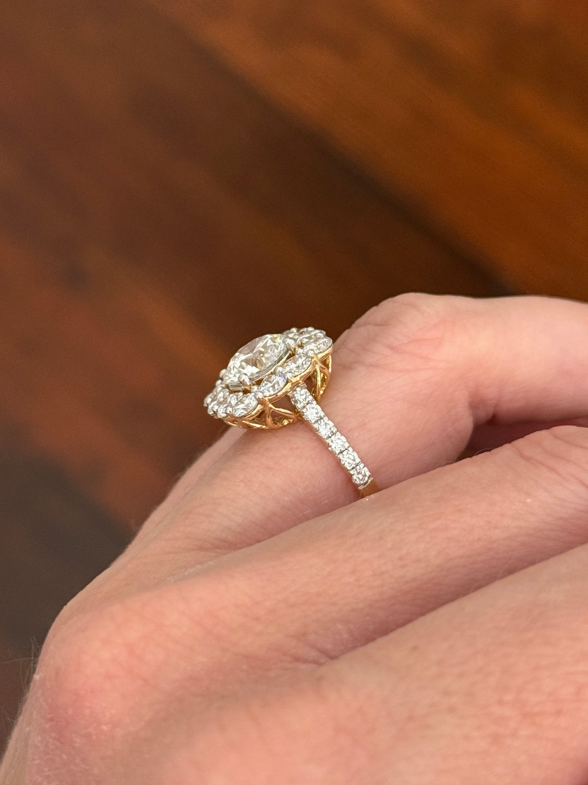 Yellow gold 4.7ct lab diamond ring. Prongs are white gold.