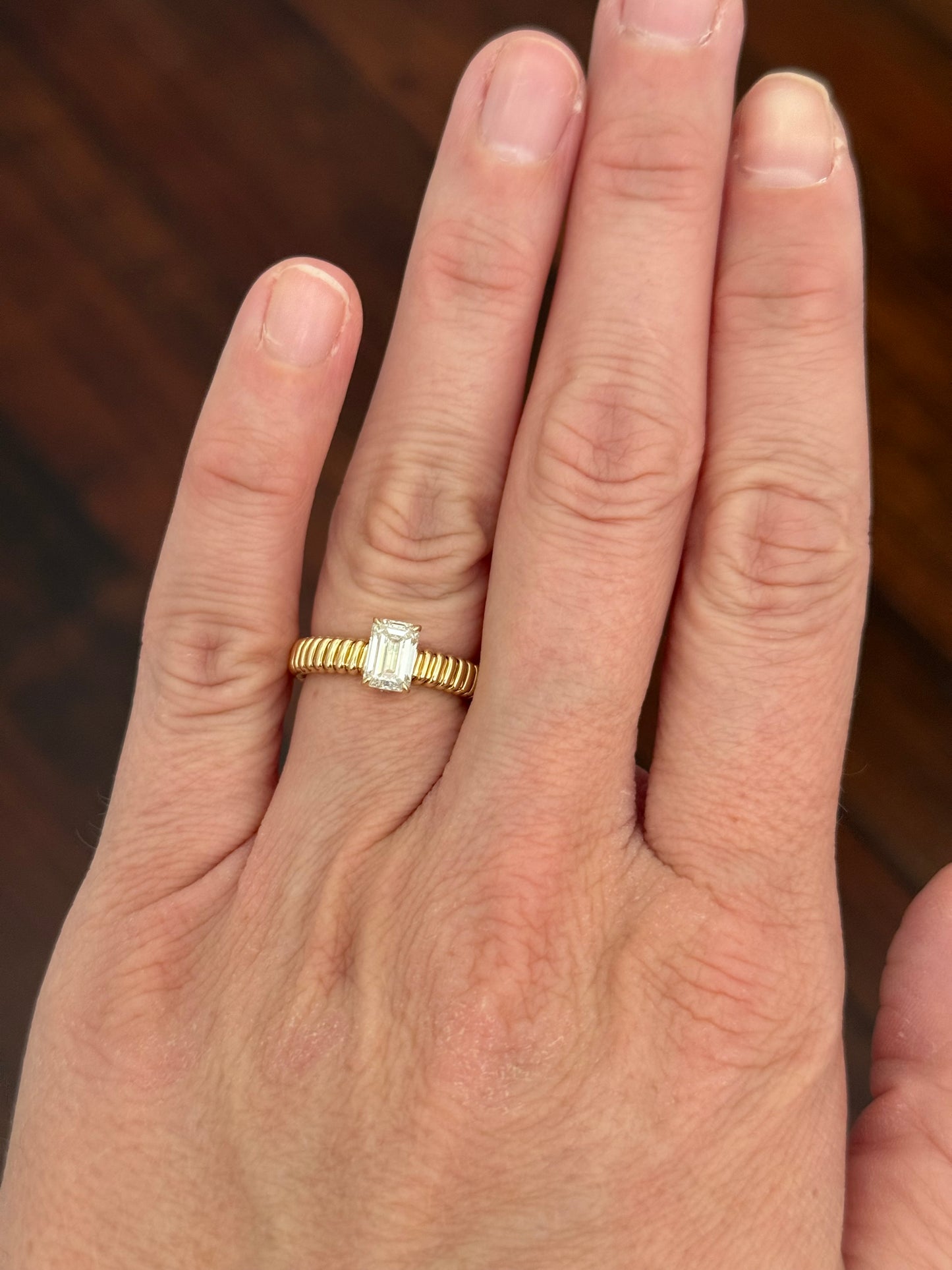 Yellow gold 1.05ct emerald cut lab diamond flex ring