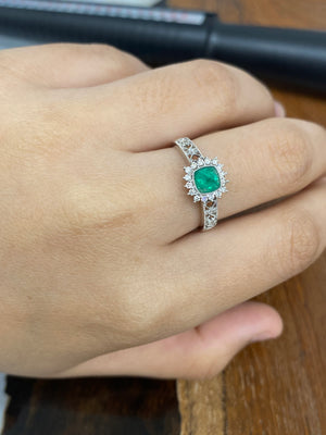 18K WhiteGold Real Natural Emerald Ring for Women