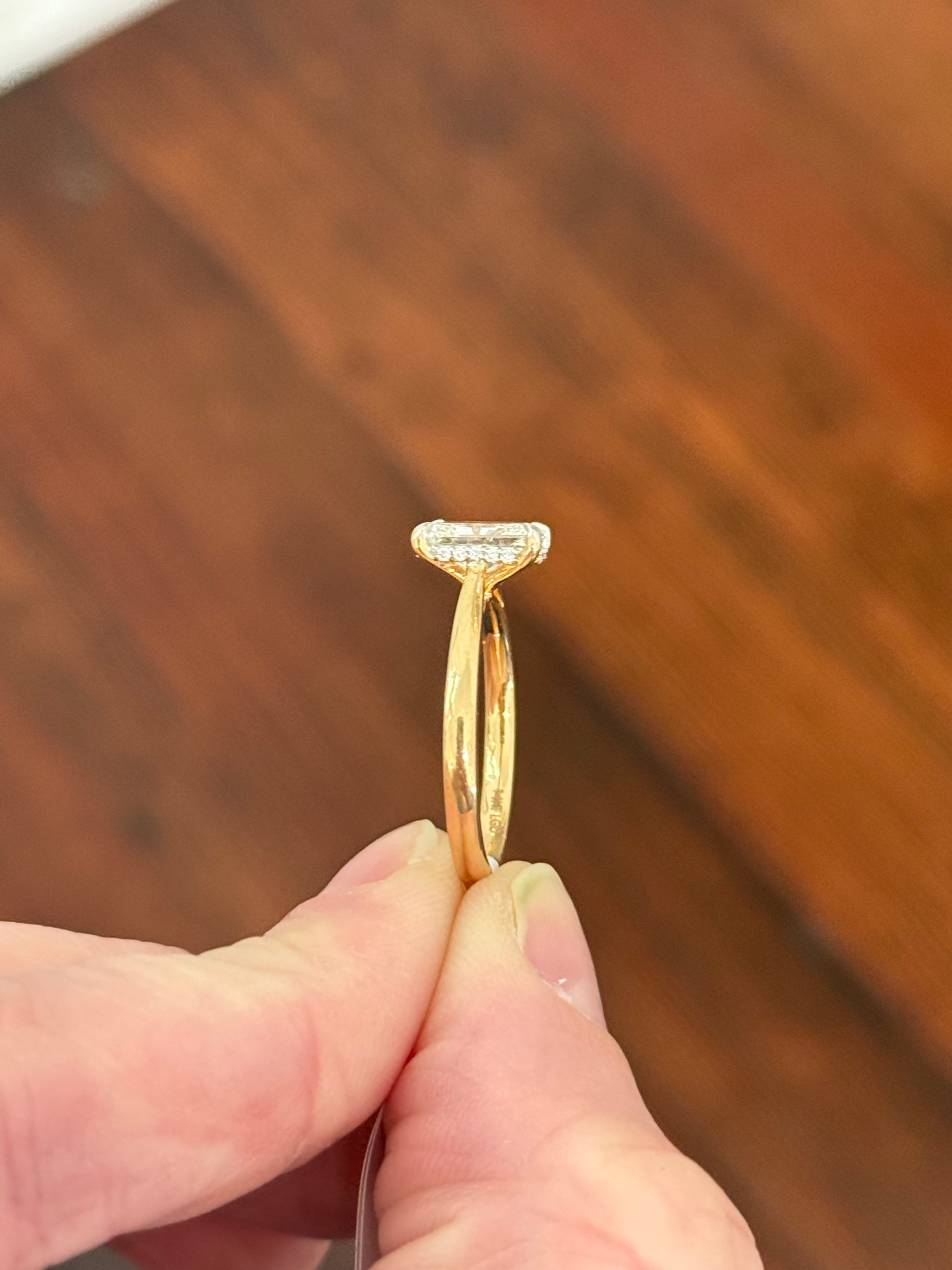 Yellow gold with white gold prongs radiant lab diamond ring