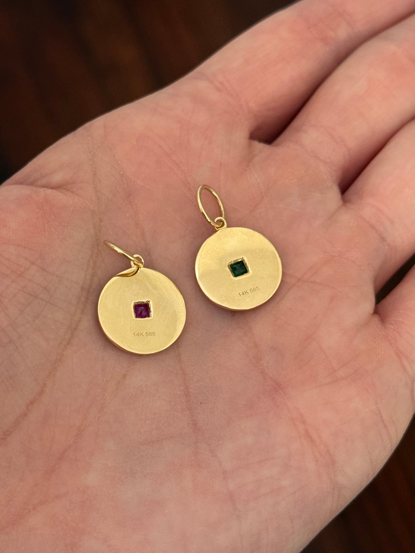 Yellow gold natural diamond pendants available with emerald or ruby