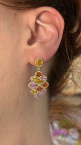 Yellow gold multi color oval sapphires and diamond dangle earrings
