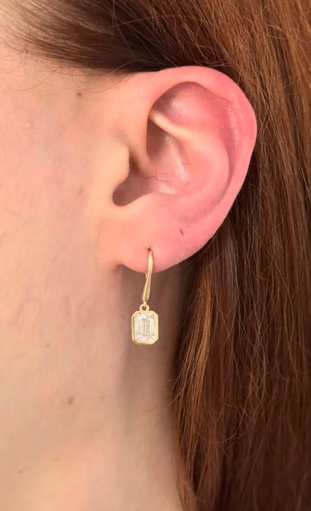 Yellow gold emerald cut lab diamond hook back earrings