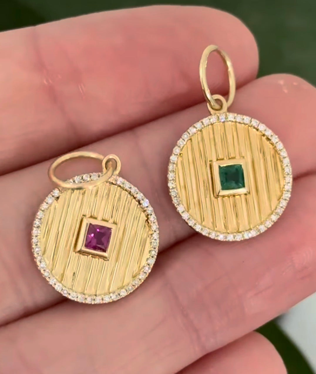 Yellow gold natural diamond pendants available with emerald or ruby